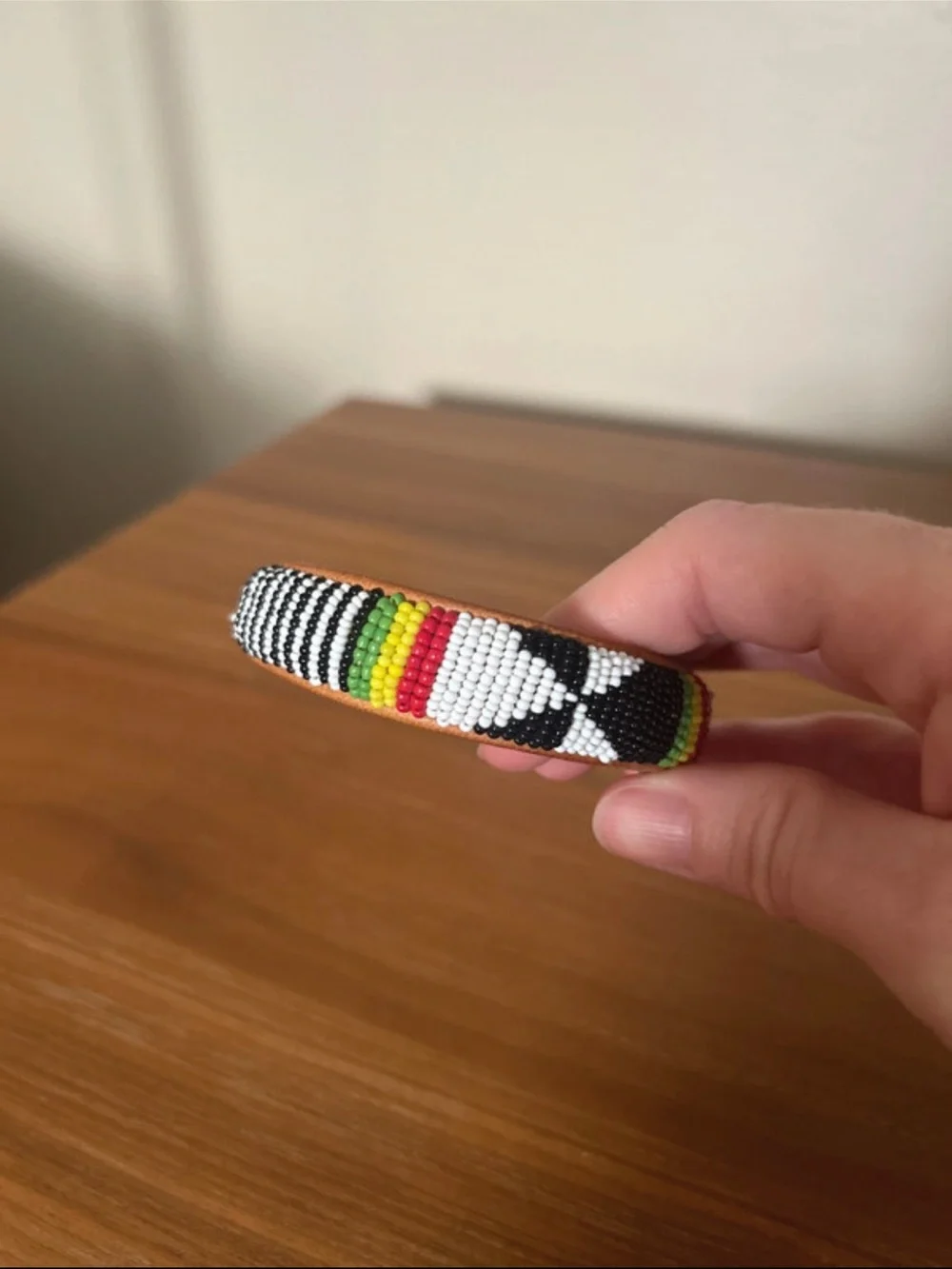 1970s Beaded Bangle Bracelet w/ Red, Yellow, Green Accents